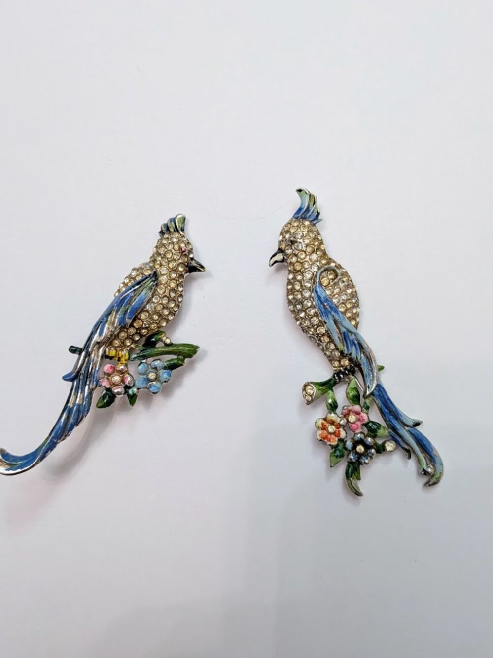 Vintage Coro Duette Bird Brooch Rhinestone Enamel Double Dress Clips - Picture 6 of 11
